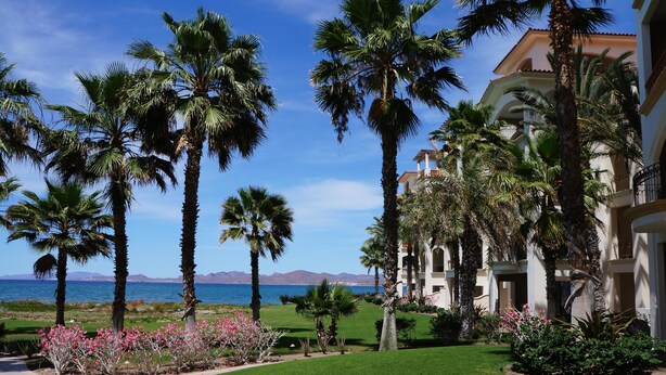 A resort with palm trees, a well-maintained lawn, and a view of the ocean. - Paraiso Del Mar Resort PDM B203 1 Bedroom Condo by Seaside La Paz (La Paz)