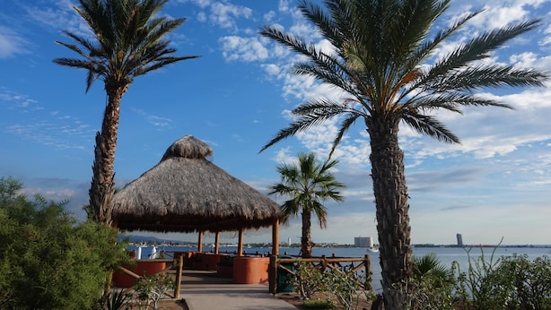 A thatched-roof structure with a view of the sea and palm trees. - Paraiso Del Mar Resort PDM V261 3 Bedroom Villa by Seaside La Paz (La Paz)