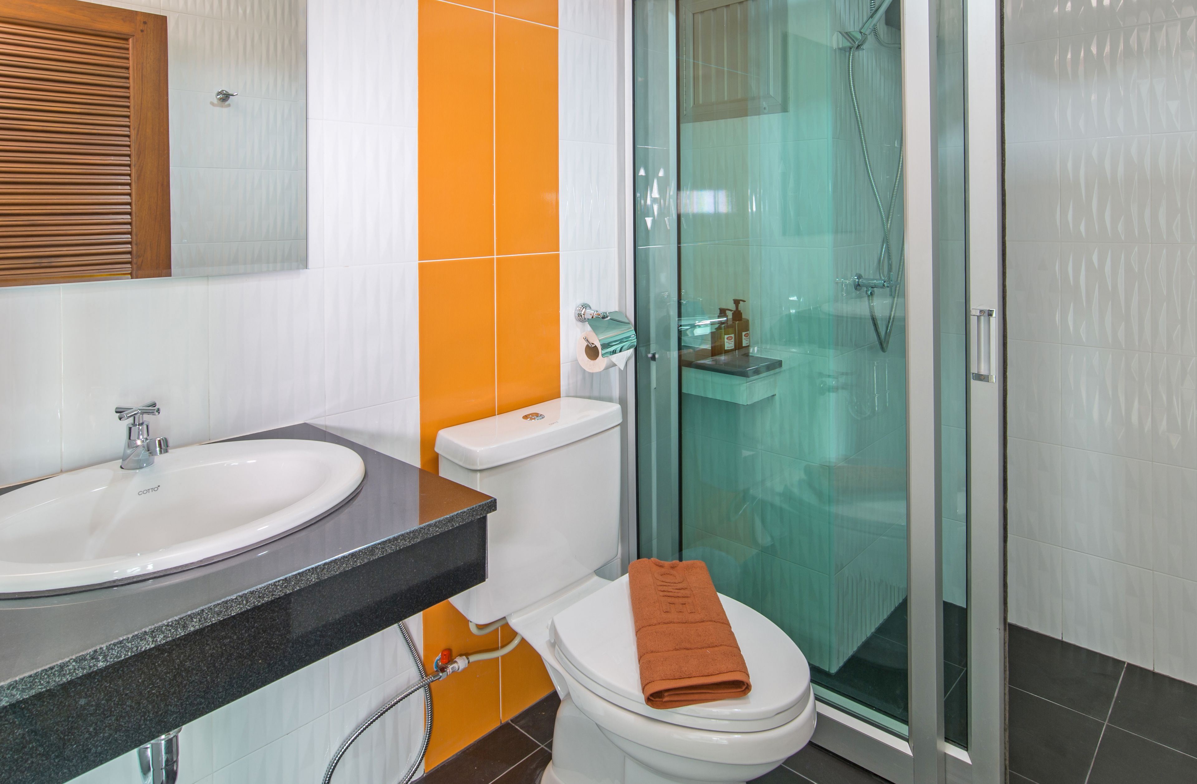 shower, rainfall showerhead, free toiletries, hair dryer