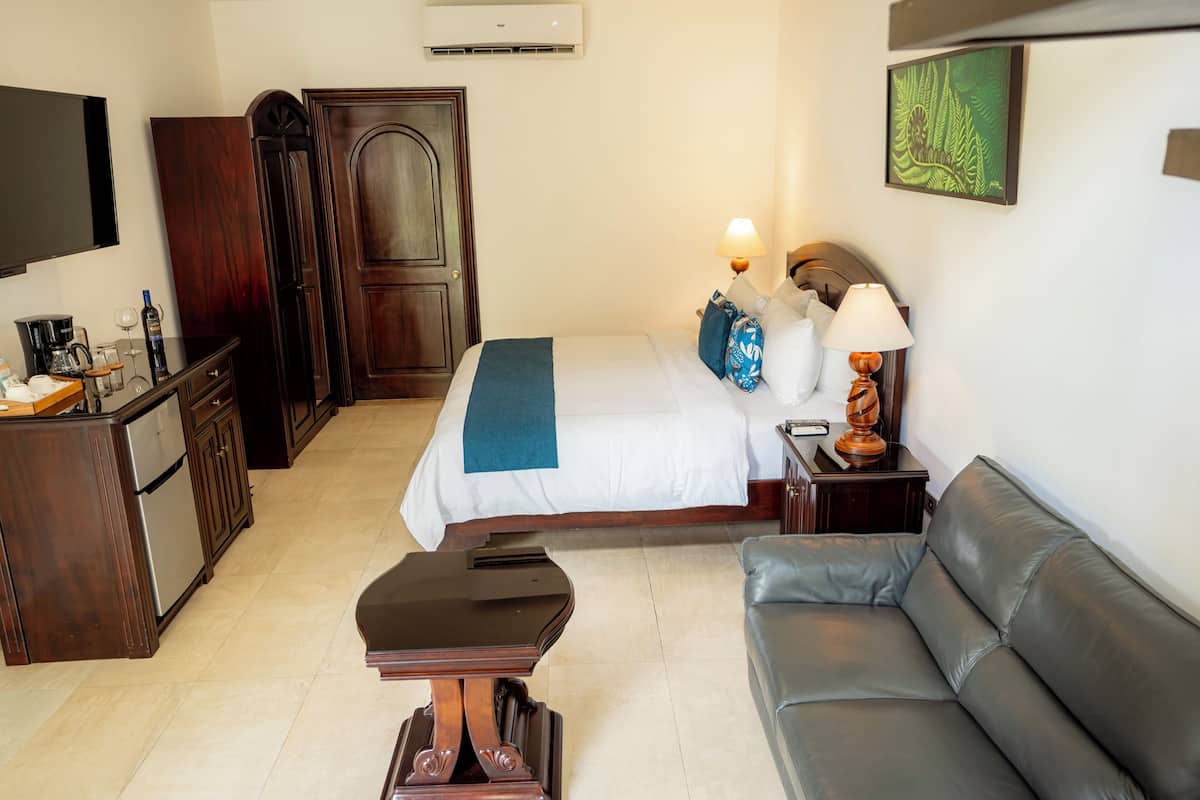 Une chambre d’hôtel comprenant un lit, un canapé, une table basse, une télévision, un bureau et une armoire.