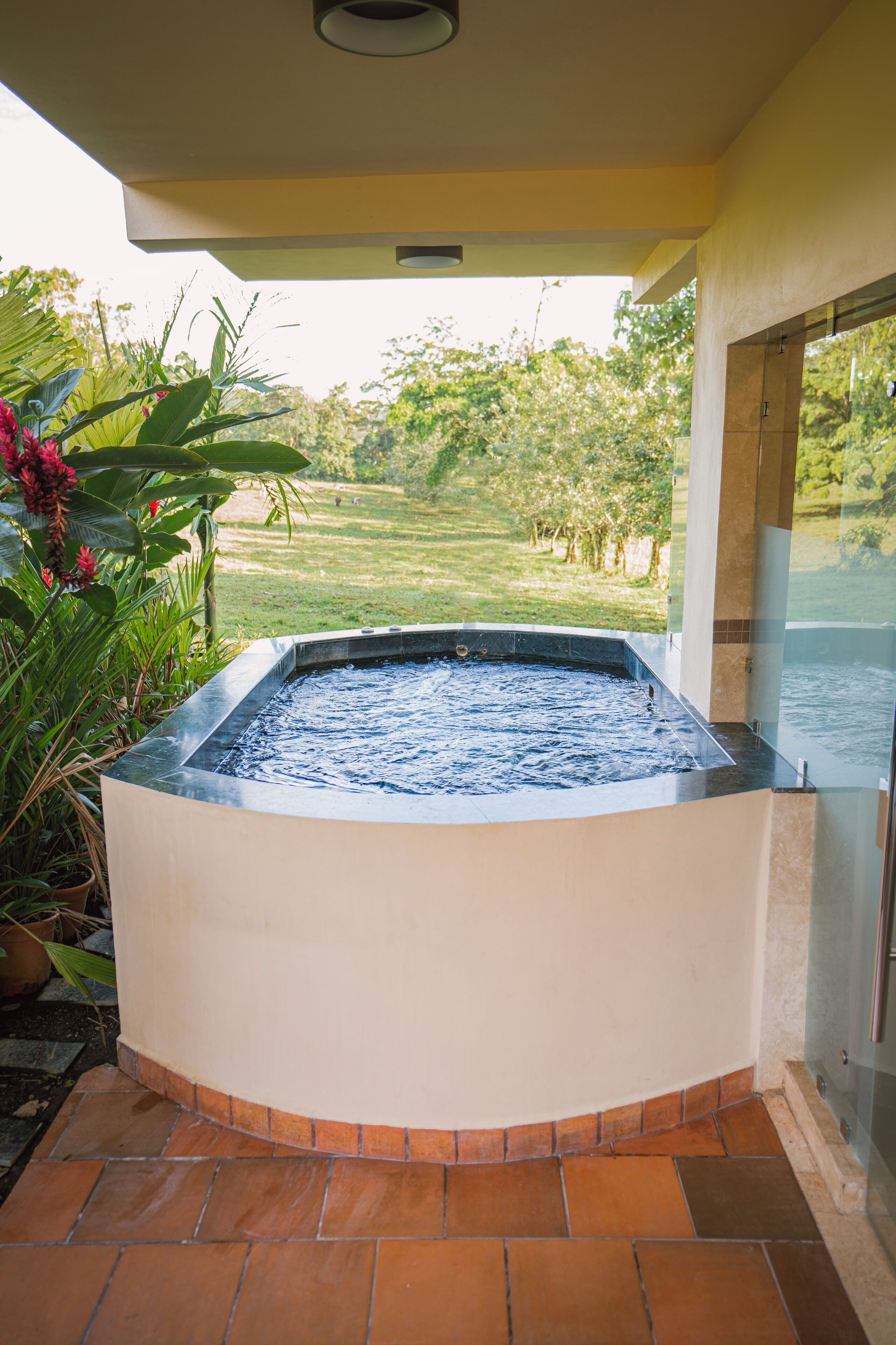 A hot tub with a view of a lush garden and a grassy field.