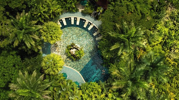 Une vue aérienne d’une piscine circulaire entourée d’une végétation luxuriante, avec un centre d’un bleu clair.