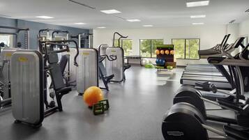 A gym with various exercise equipment, treadmills, and exercise balls.