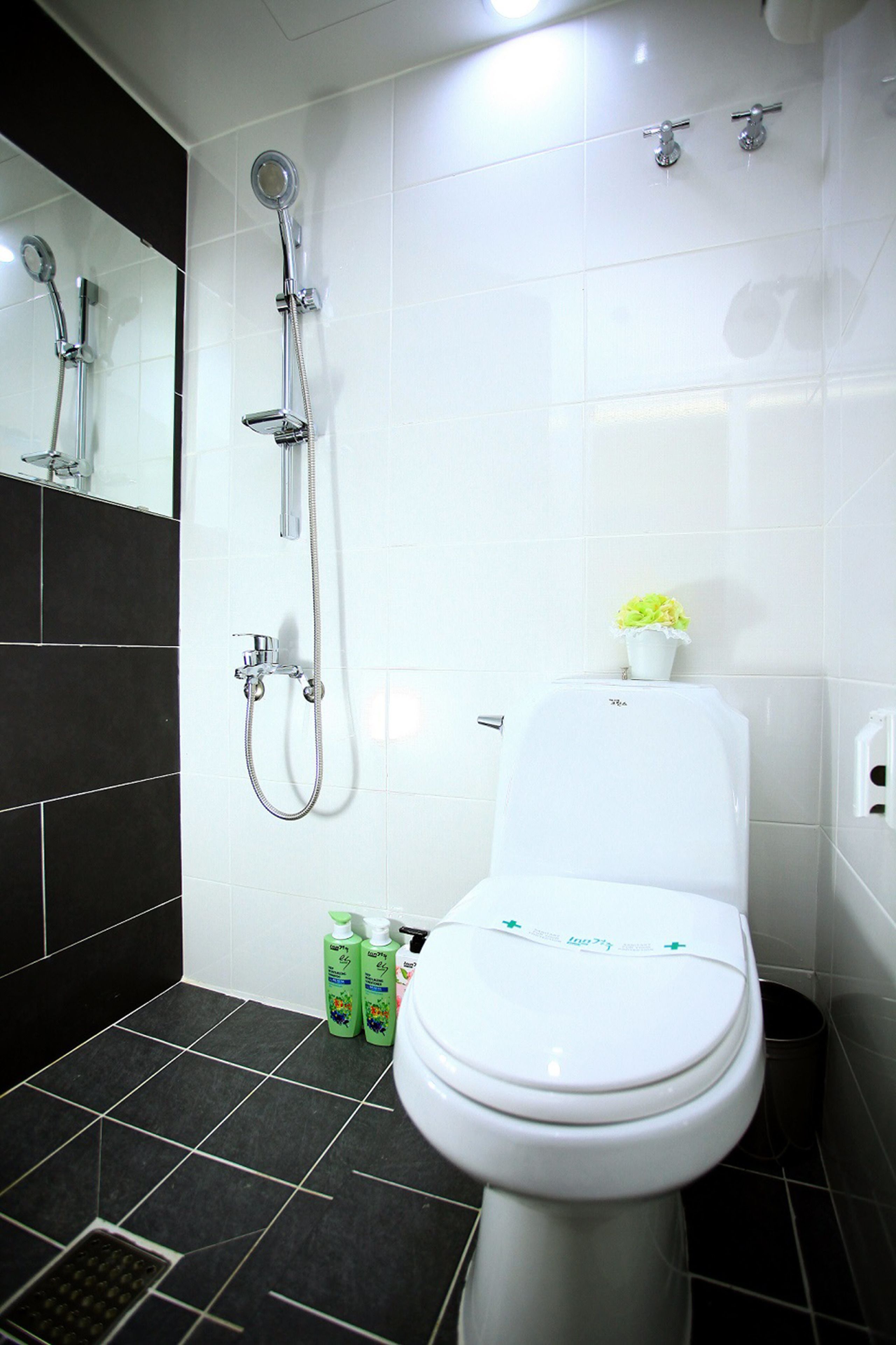 shower, free toiletries, towels, toilet paper