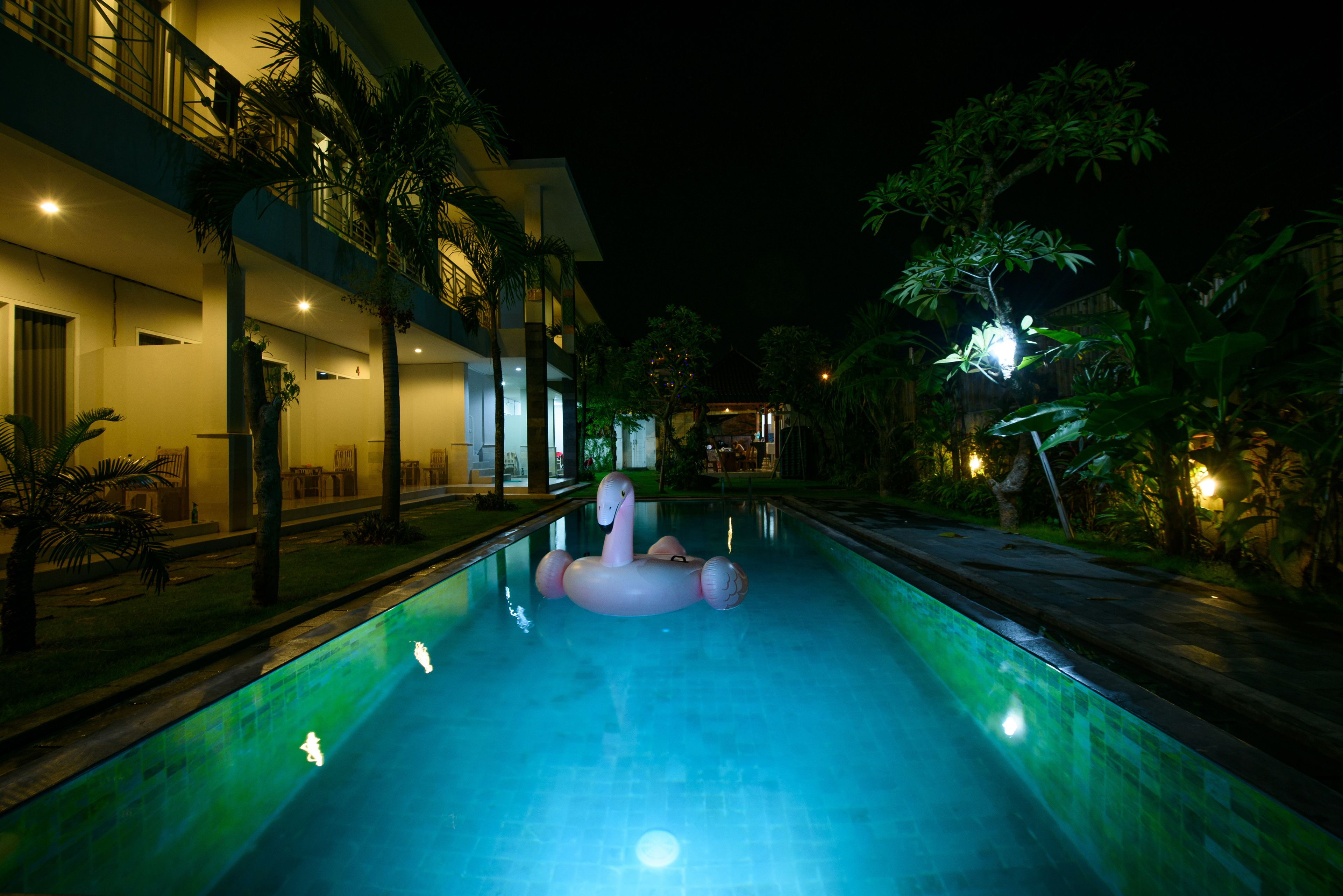 Une piscine avec un flotteur en forme de flamant rose, éclairée la nuit, entourée de palmiers et bordée d’un immeuble doté de balcons.