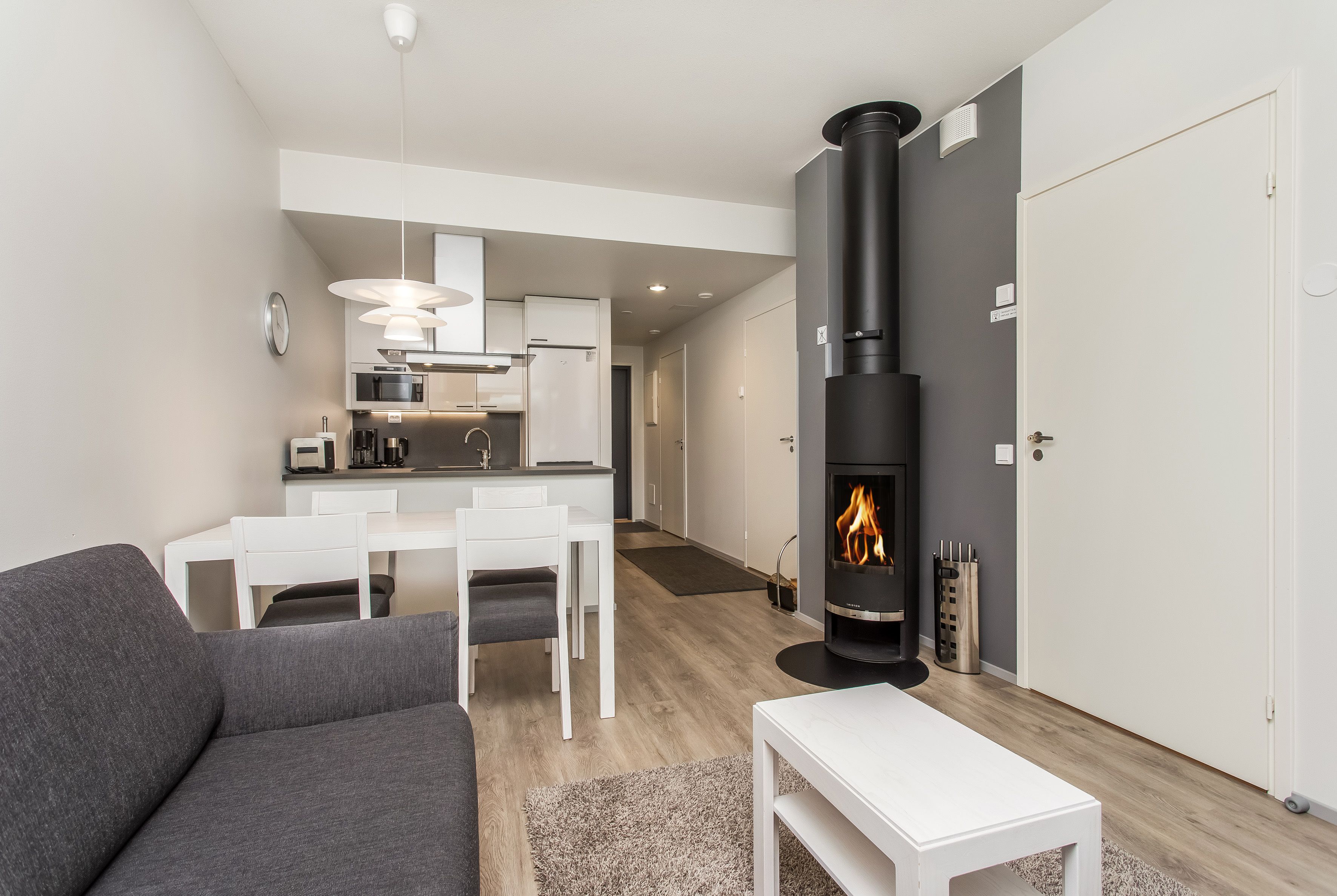 Flat-screen TV, fireplace