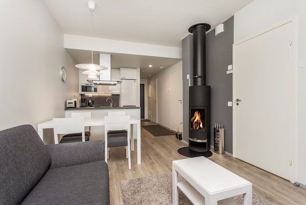 Flat-screen TV, fireplace