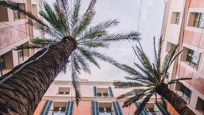 Un edificio alto con múltiples balcones y una palmera en primer plano.