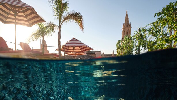 Vista subacuática de una piscina con una persona nadando, palmeras y un edificio con aguja al fondo.