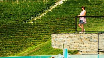 Overlooking a lush vineyard, this serene setting offers a tranquil escape with a pool and lounge area.