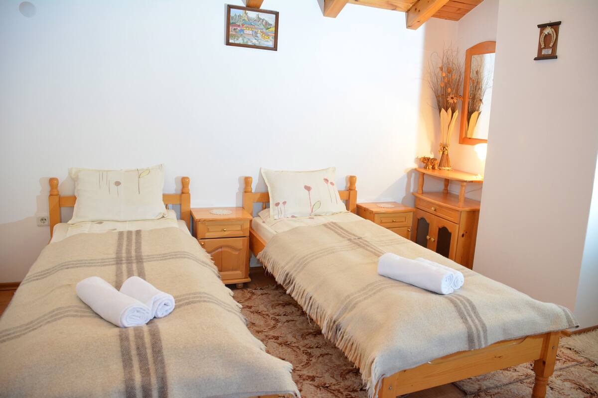 A double room with two beds, each with a matching nightstand and a bedside table.