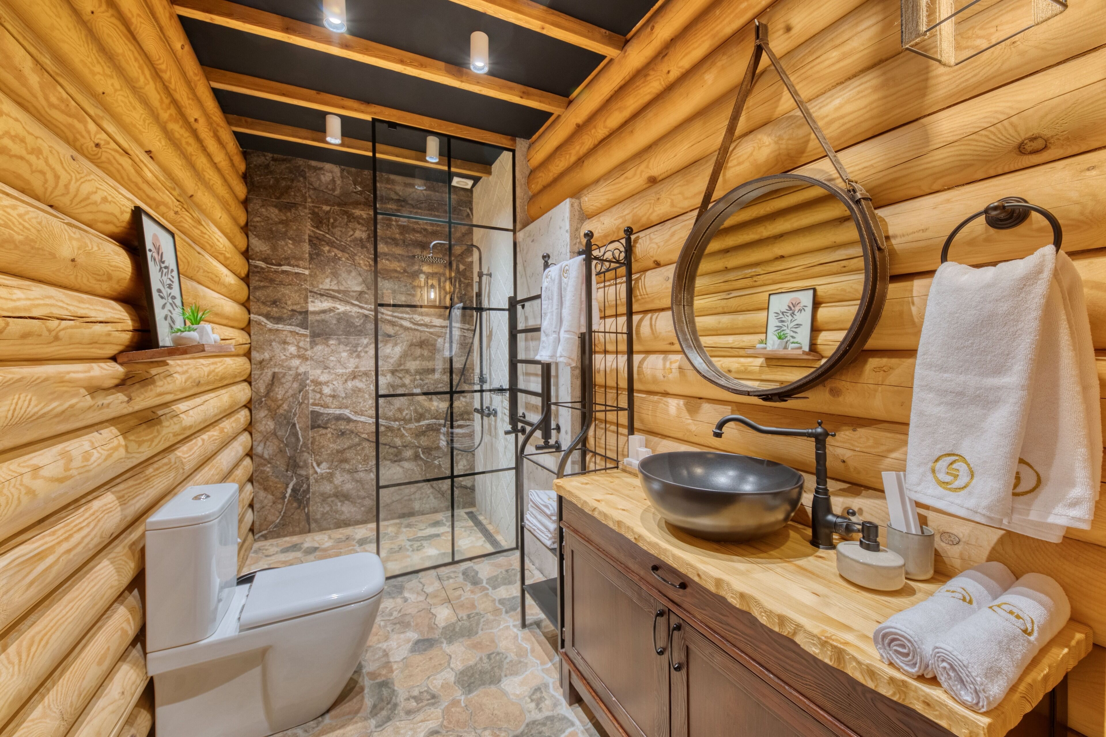 designer toiletries, hair dryer, bathrobes, slippers