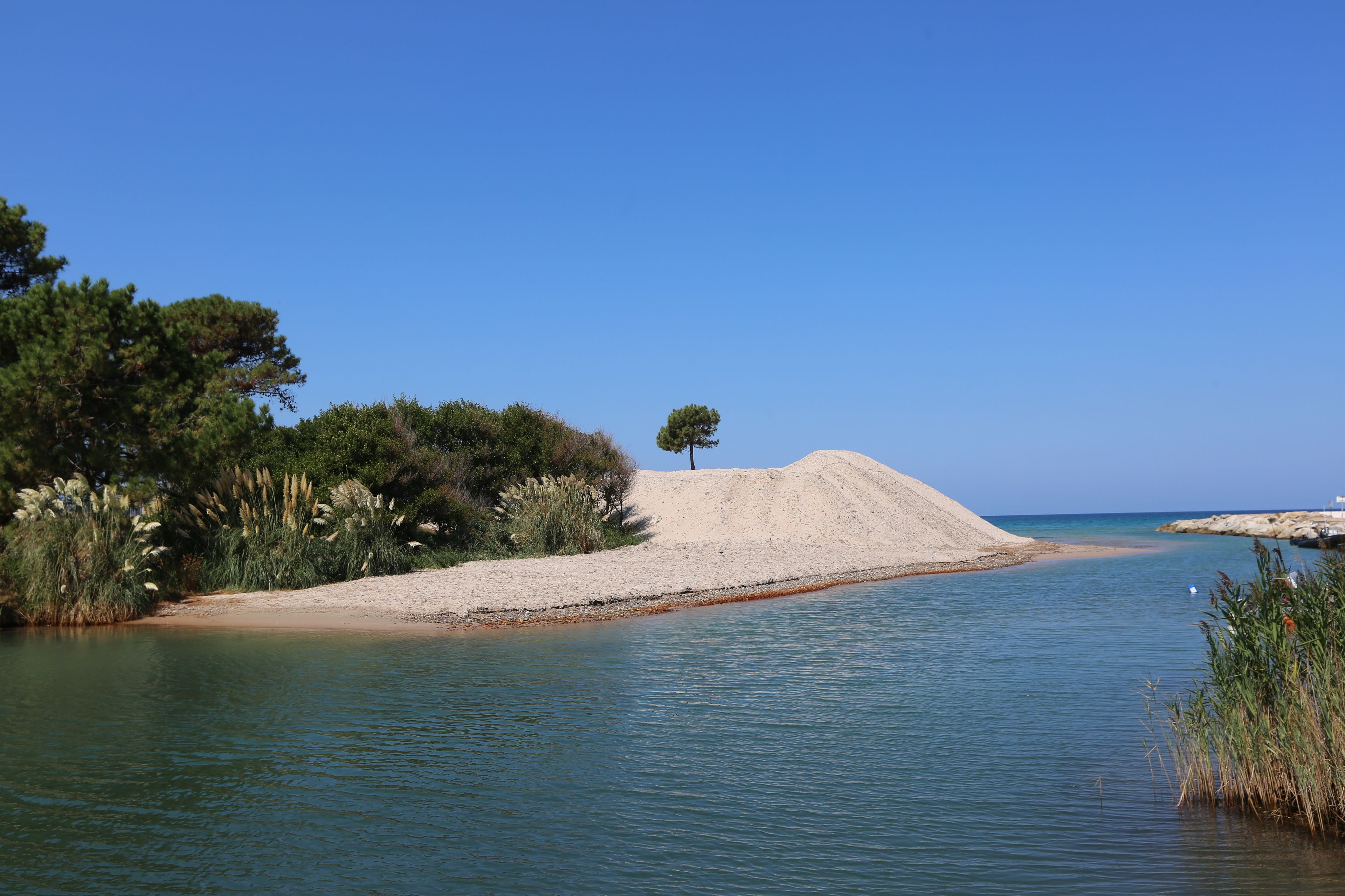 A sandy beach with a small hill and a clear blue sky.