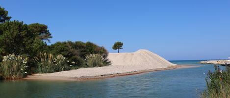 A sandy beach with a small hill and a clear blue sky.