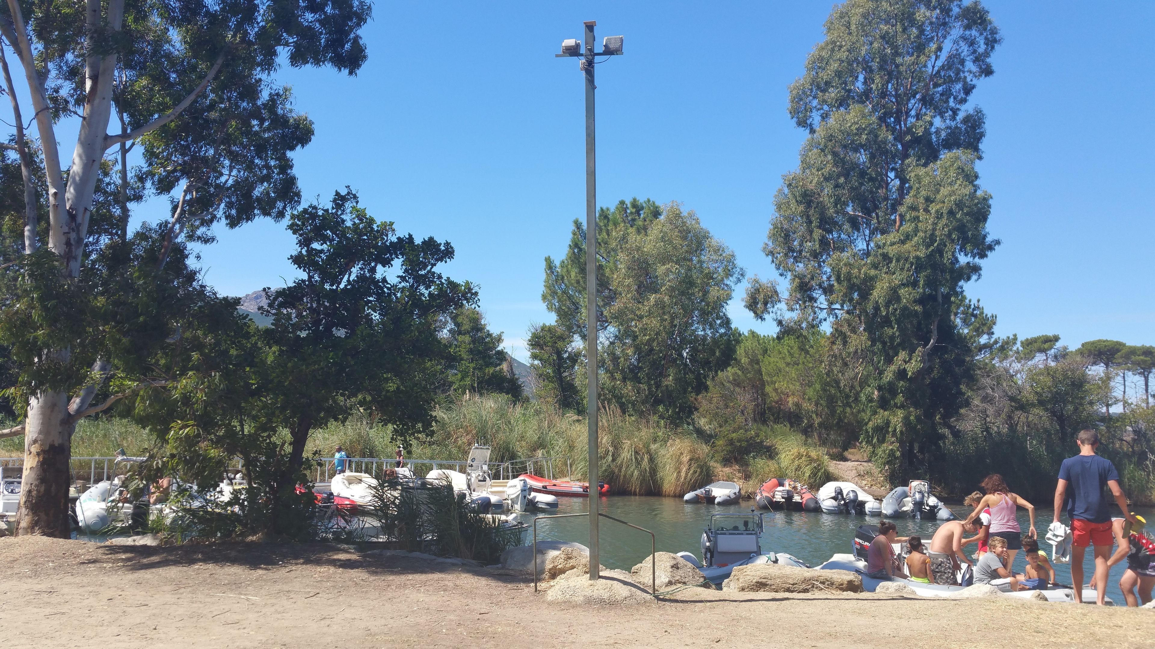 A lakeside area with boats docked, surrounded by trees and a clear sky.