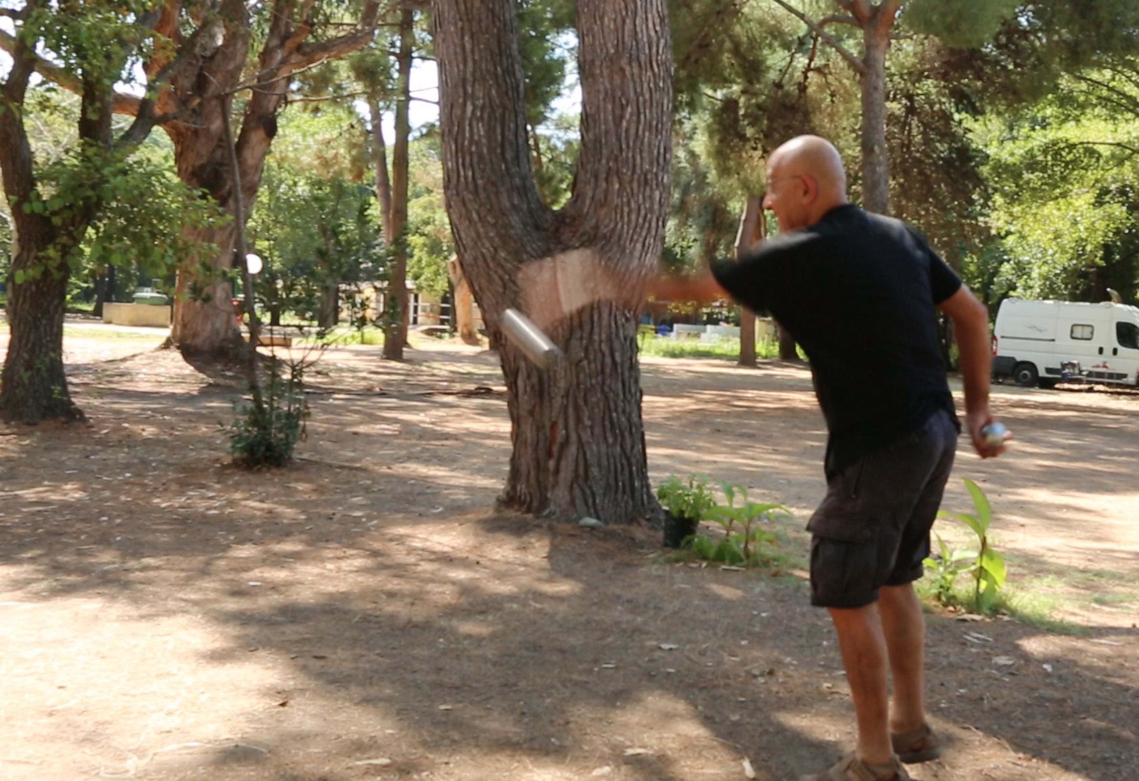Un hombre con camiseta y pantalones cortos lanza una pelota cerca de un árbol en un parque, con una camioneta blanca al fondo.