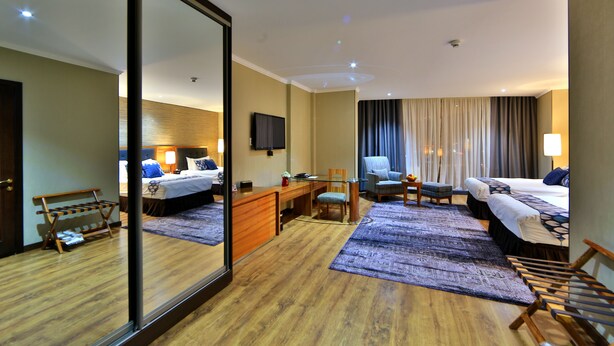 Habitación de hotel con un espejo grande, un escritorio, dos camas, una silla y un televisor.