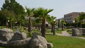 Un jardín ajardinado con palmeras, rocas grandes y un sendero.