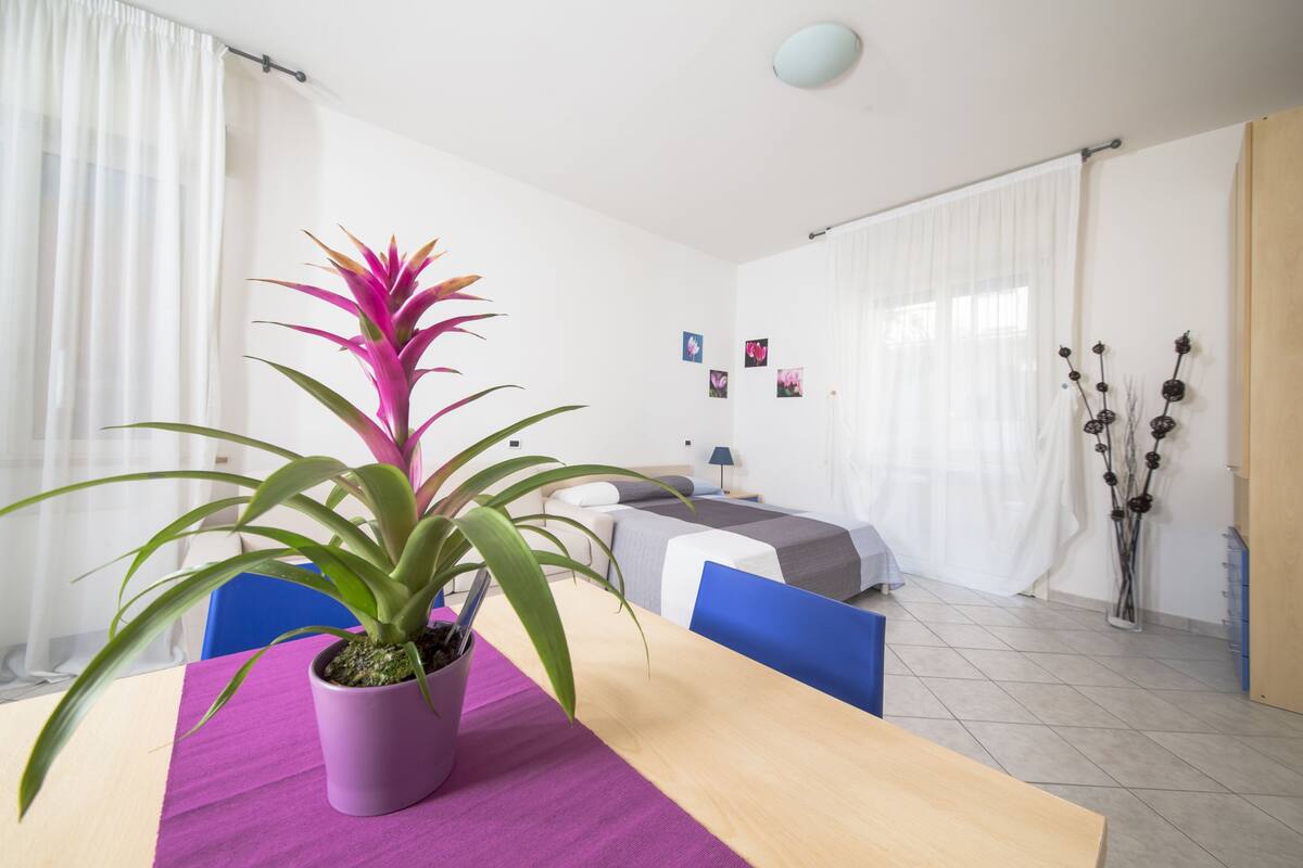 Um quarto com uma cama, uma mesa com toalha de mesa roxa e uma planta em vaso.