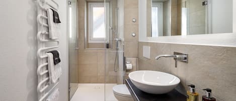 Shower, hair dryer, bathrobes, slippers