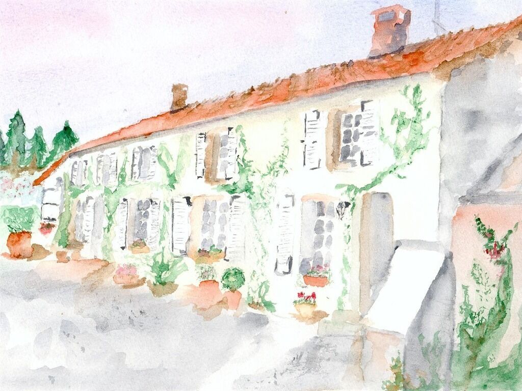 Una pintura a la acuarela de un hilera de edificios con ventanas y macetas.