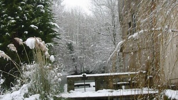 Un patio cubierto de nieve con un pequeño estanque, muros de piedra y vegetación escasa.