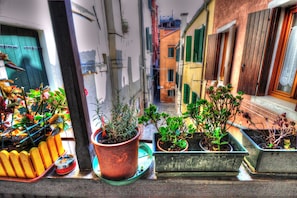A narrow alley with potted plants and a small table.