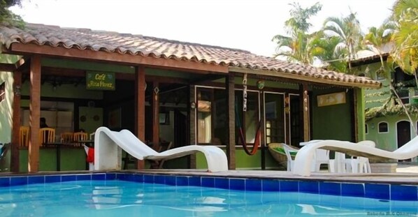 Outdoor pool, pool umbrellas, pool loungers