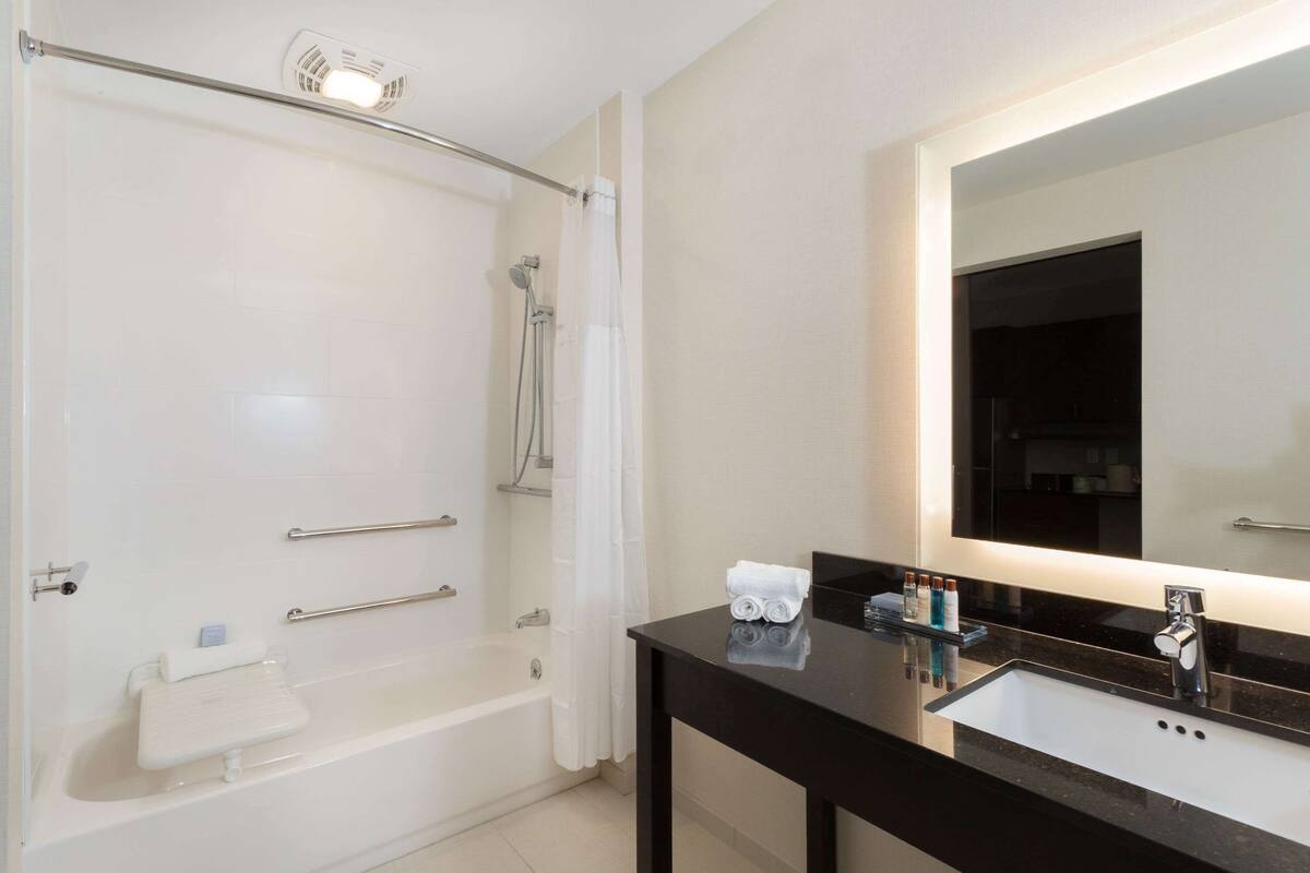 shower, free toiletries, hair dryer, towels