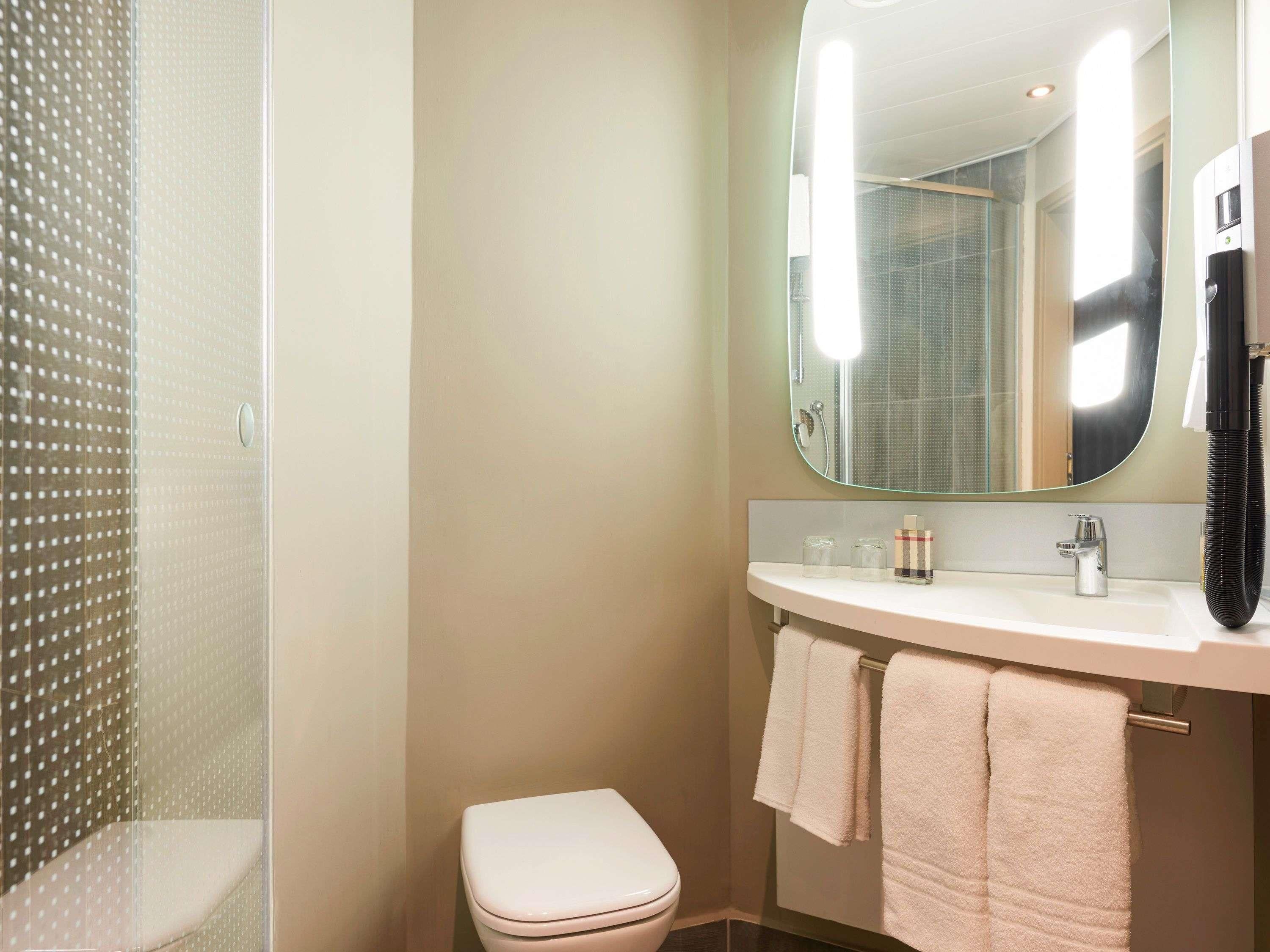 Een badkamer met toilet, wastafel met spiegel en douche.