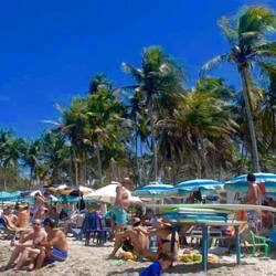 En la playa, arena blanca, sillas reclinables de playa, sombrillas