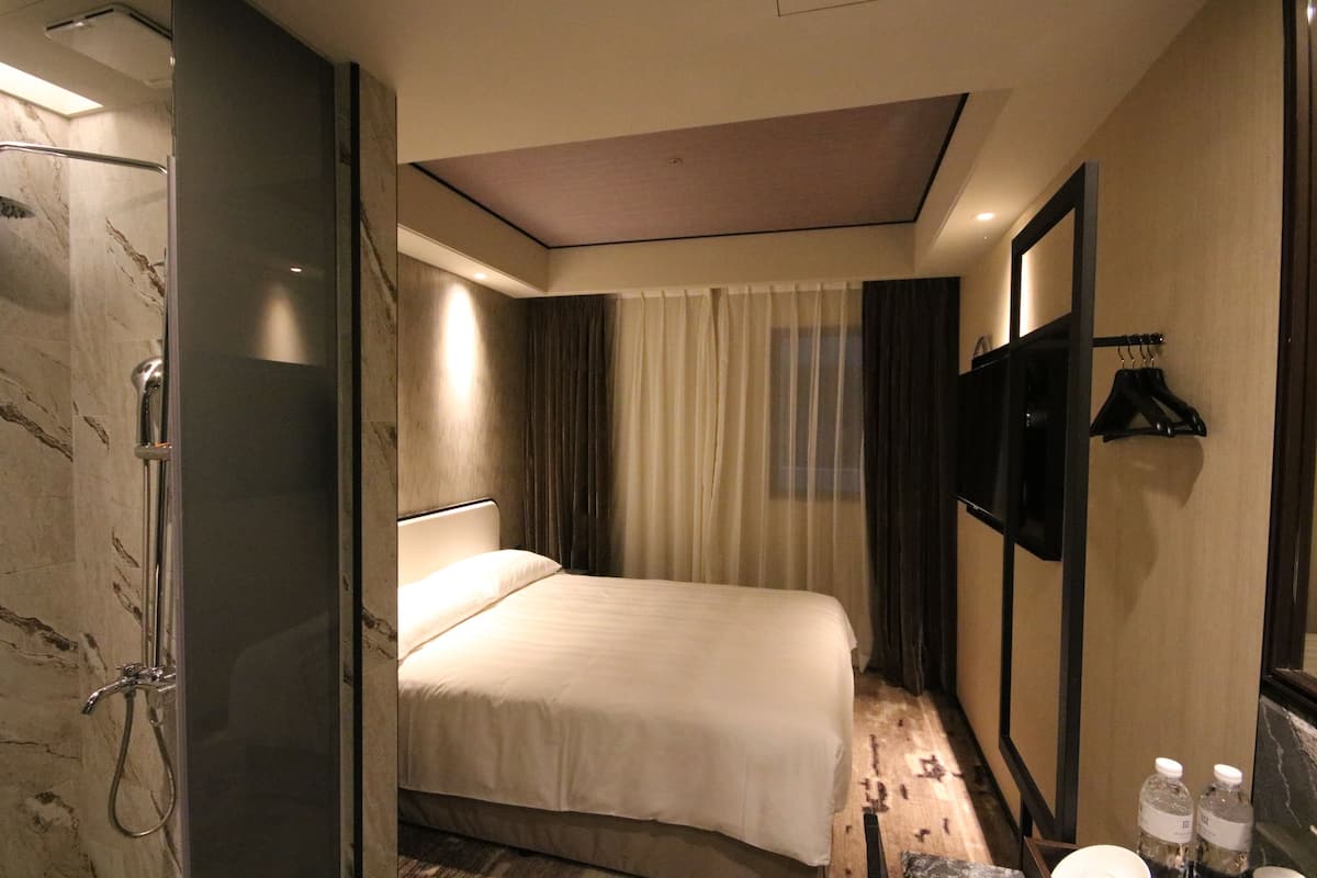 A hotel room with a bed, a shower, a mirror, and a television.