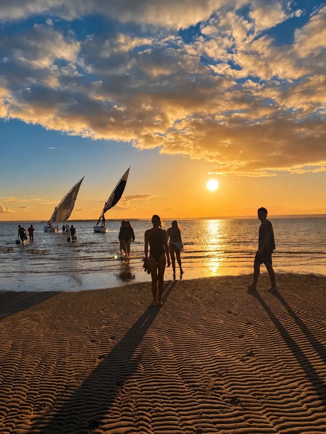 A beach scene with people walking and sailing boats, under a sunset sky.