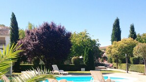 A pool area with lounge chairs, a large tree, and a building in the background. - Molino de Morillas (Galera)