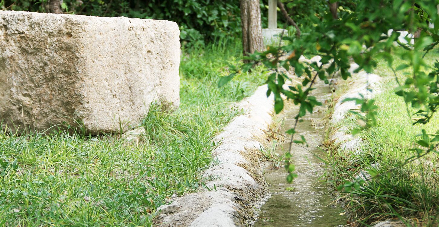 Un camino de hormigón que lleva a un pequeño canal de agua, rodeado de césped y follaje.