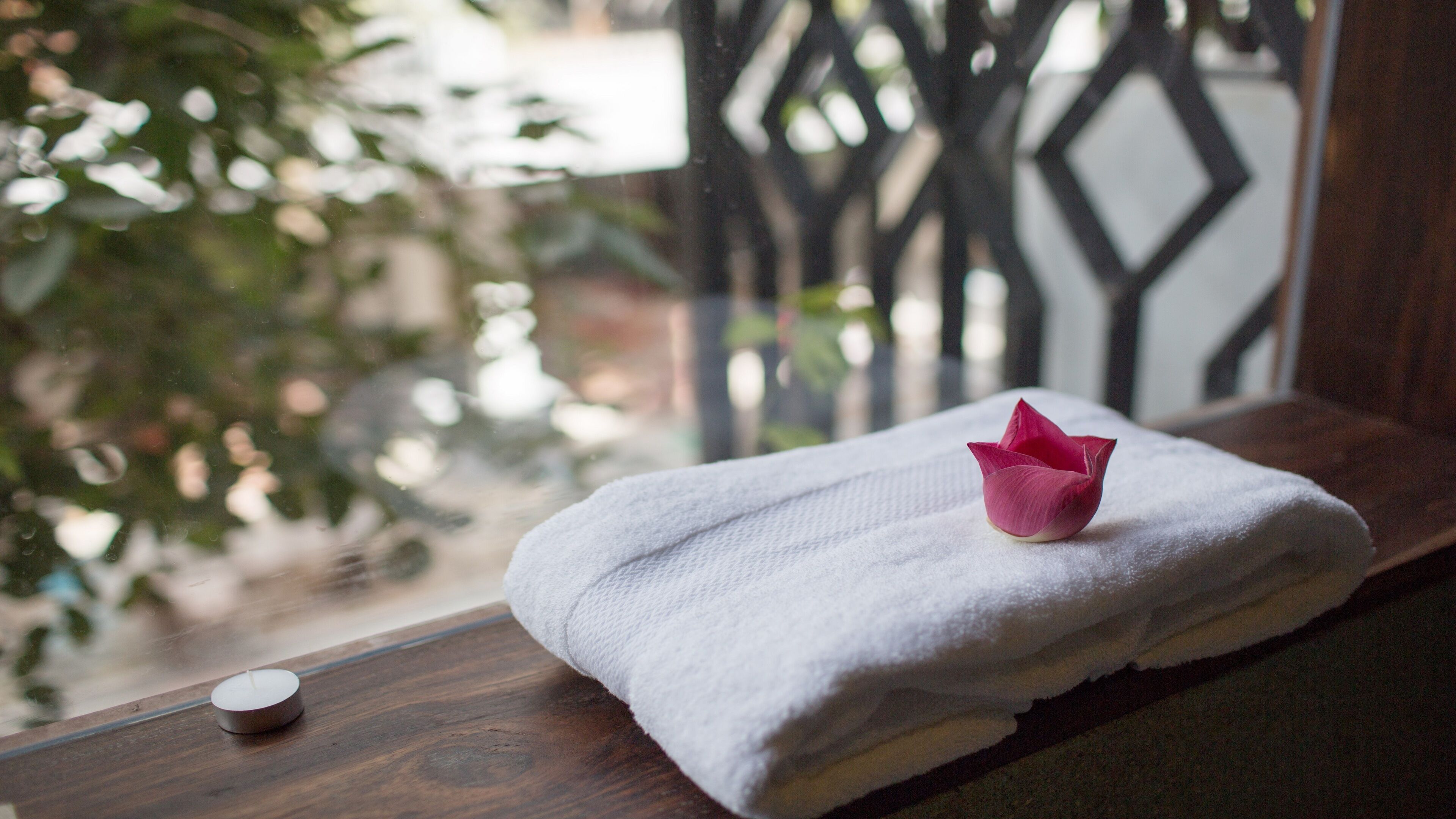 A window with a wooden frame, a white towel, and a pink flower on the towel.