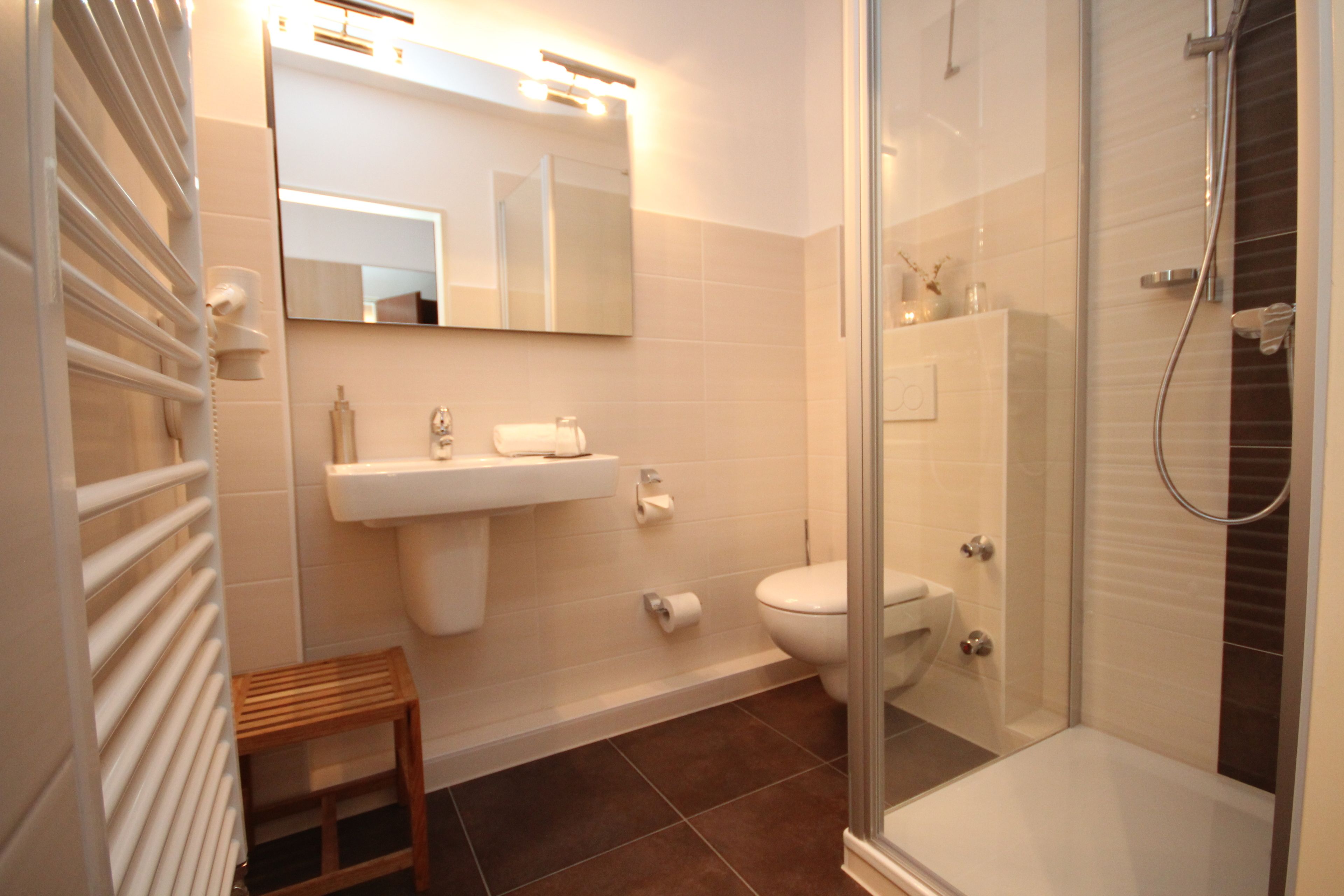 double or twin room | bathroom | shower, eco-friendly toiletries, hair dryer, towels