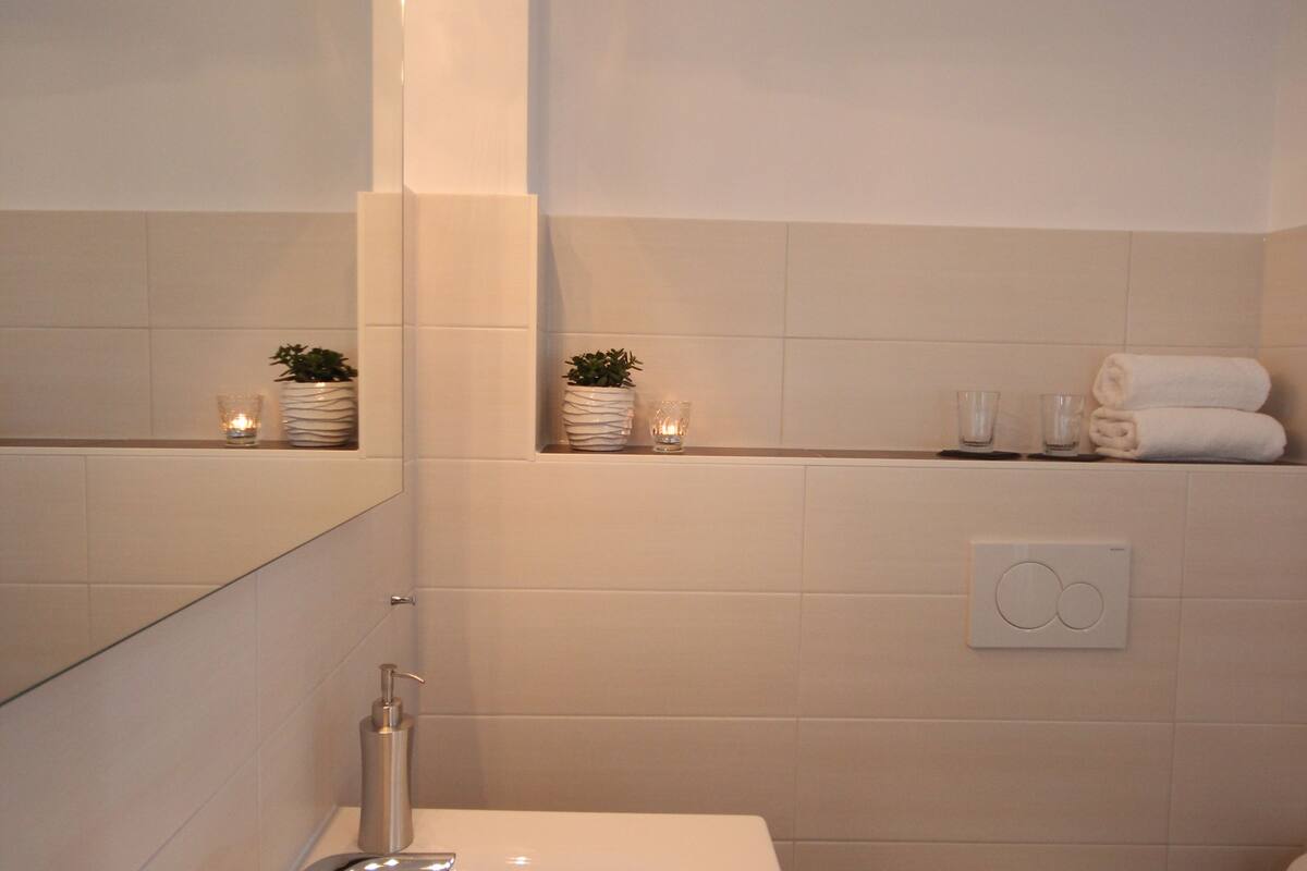 shower, eco-friendly toiletries, hair dryer, towels