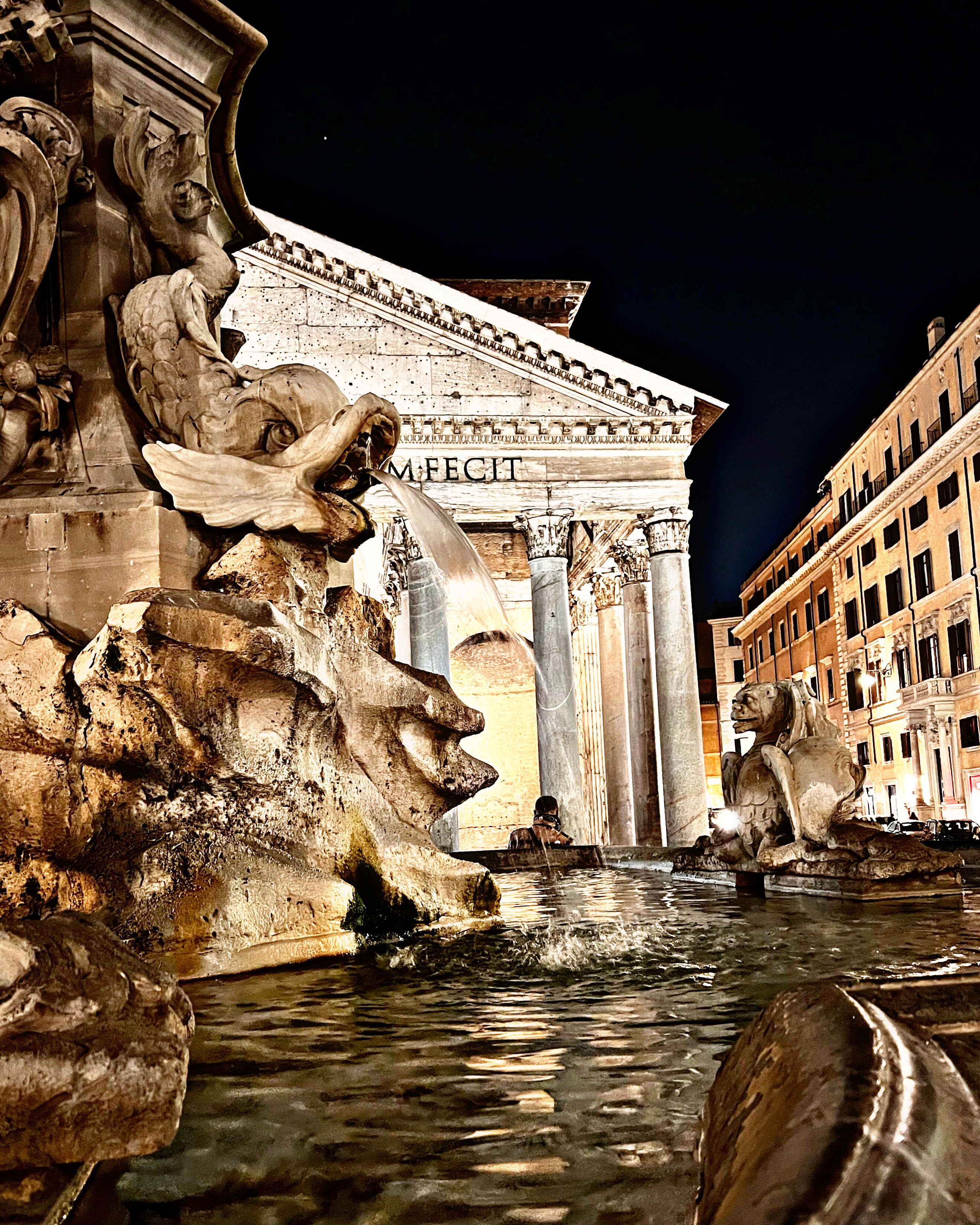 A nighttime view of the Trevi Fountain with classical sculptures and the Palazzo Poli in the background.
