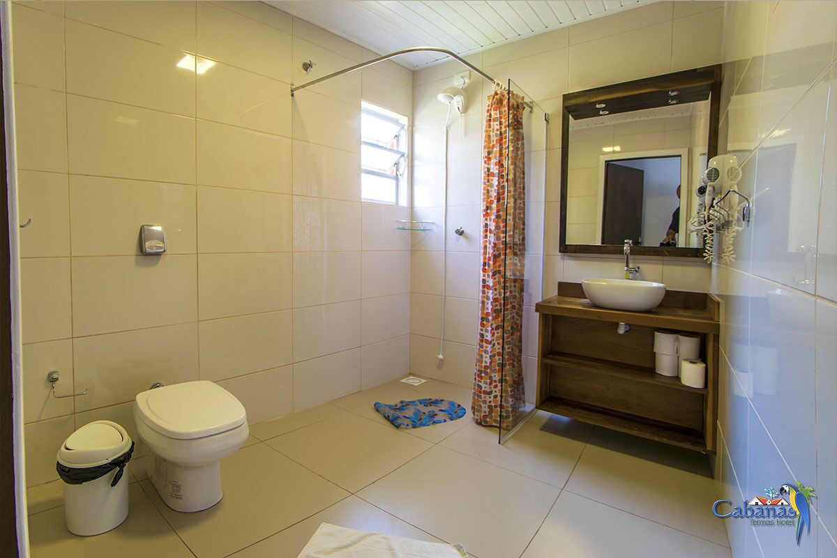 A bathroom with a shower, toilet, sink, and a mirror.