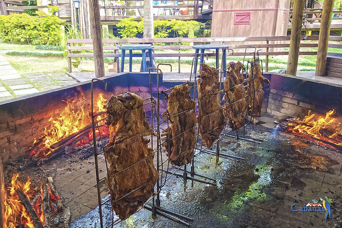 Una parrilla con varios pollos enteros asándose sobre fuego vivo.