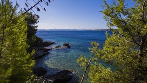 A coastal landscape with clear blue water, rocky shoreline, and dense green foliage. - Cast Away - Eco Village (Jelsa)