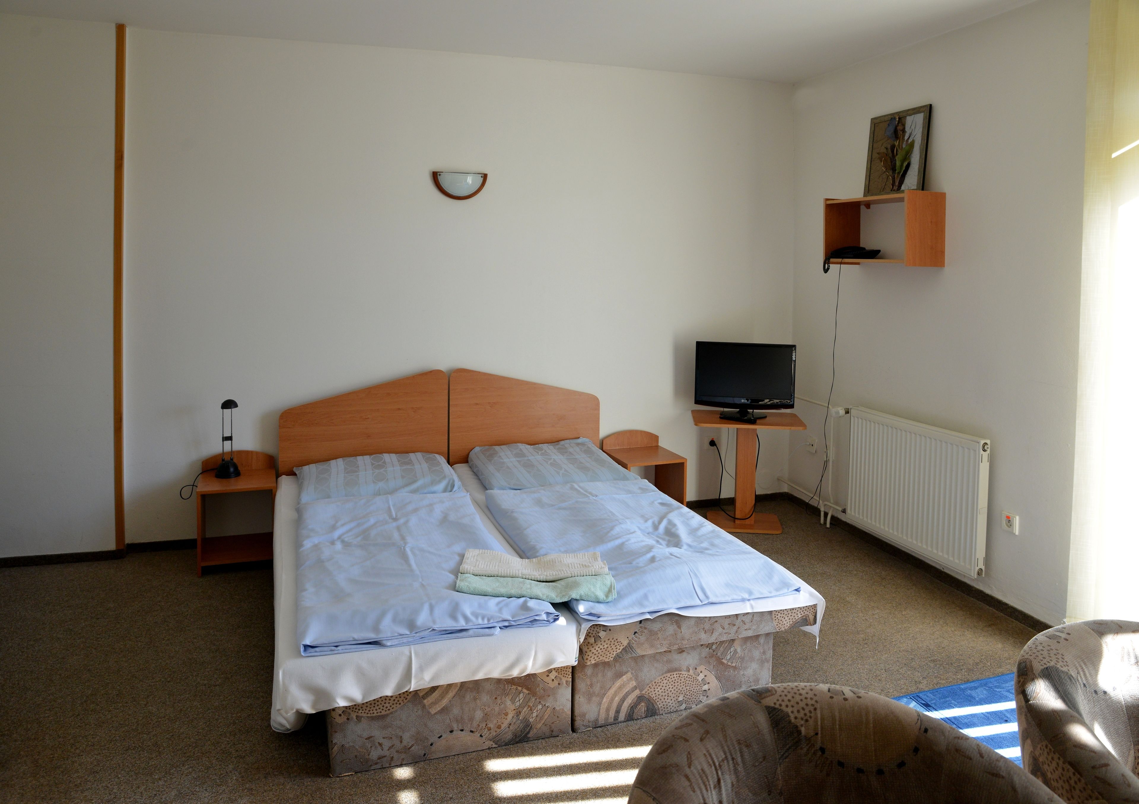 Un dormitorio con cama, mesitas de noche, televisor, estante con una fotografía y radiador.