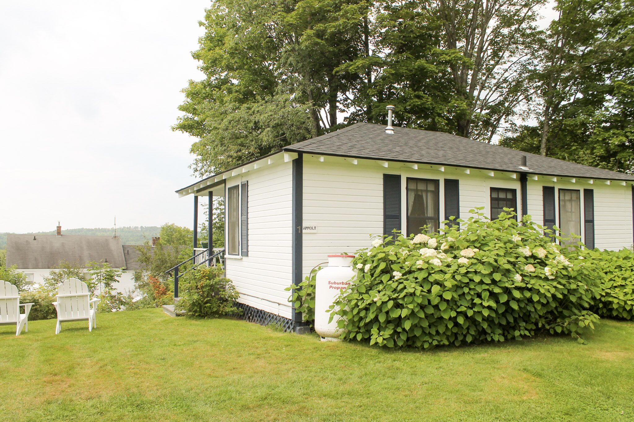 Une petite maison à un seul étage, dotée d’un porche et d’une cheminée, entourée d’une végétation luxuriante et avec une étendue d’eau en arrière-plan.