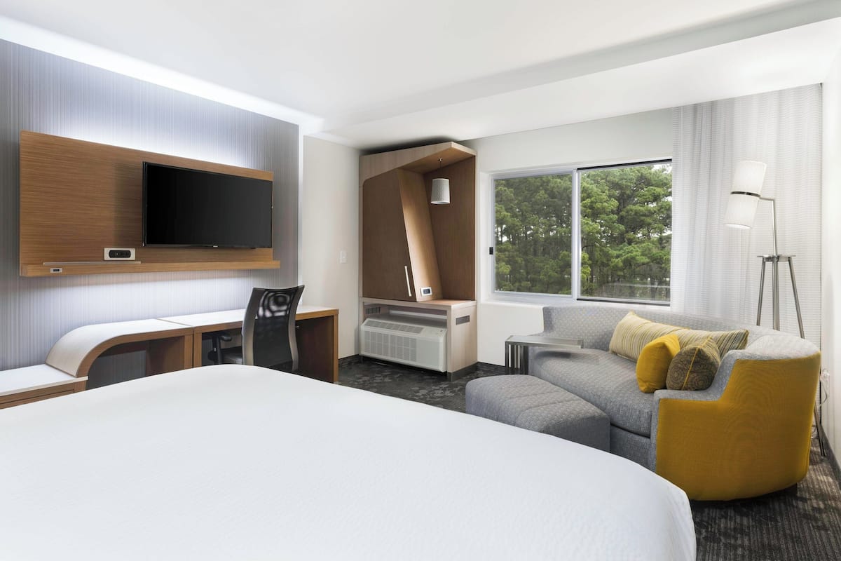 Una habitación de hotel moderna con una cama grande, un escritorio con televisor de pantalla plana, un sofá y una silla.