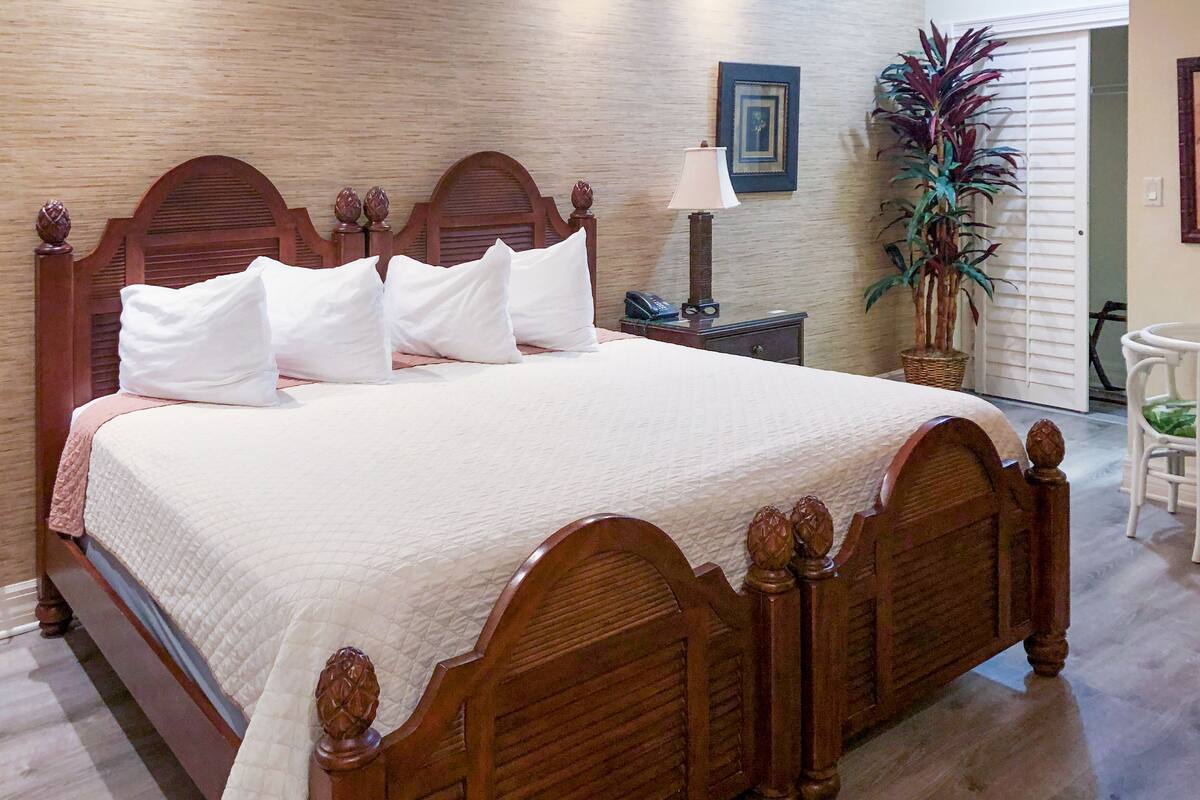 Una cama cuidadosamente tendida con cabecera de madera y cuatro almohadas, una mesita de noche con lámpara, y una planta en maceta en una habitación con suelo de madera.