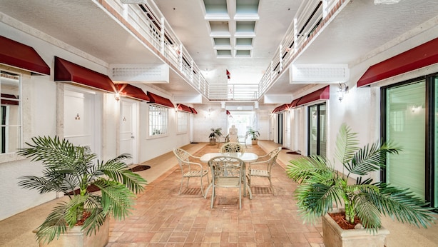 Un espace intérieur spacieux, doté d’une table centrale et de chaises, entouré de plantes en pot et agrémenté d’un sol carrelé.
