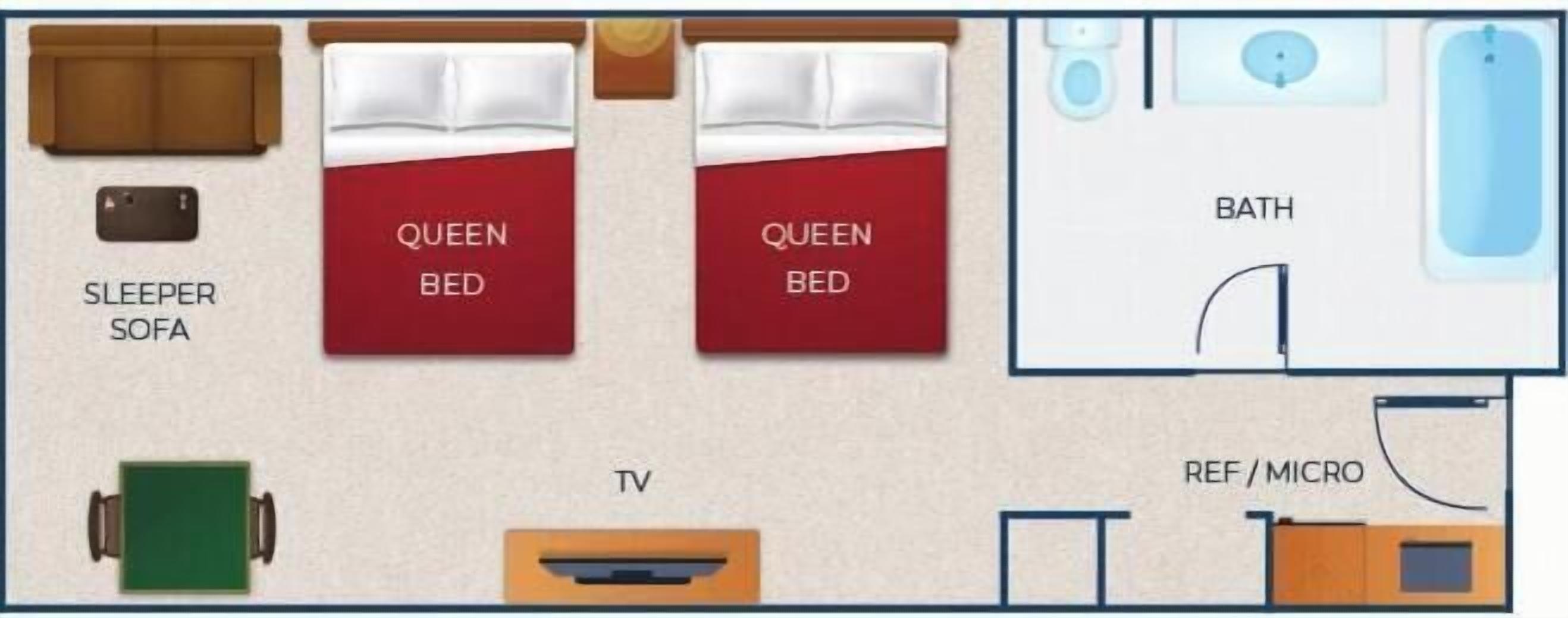 Une chambre d’hôtel comprenant deux lits «queen size», un canapé-lit, une télévision, une salle de bain et une petite kitchenette.