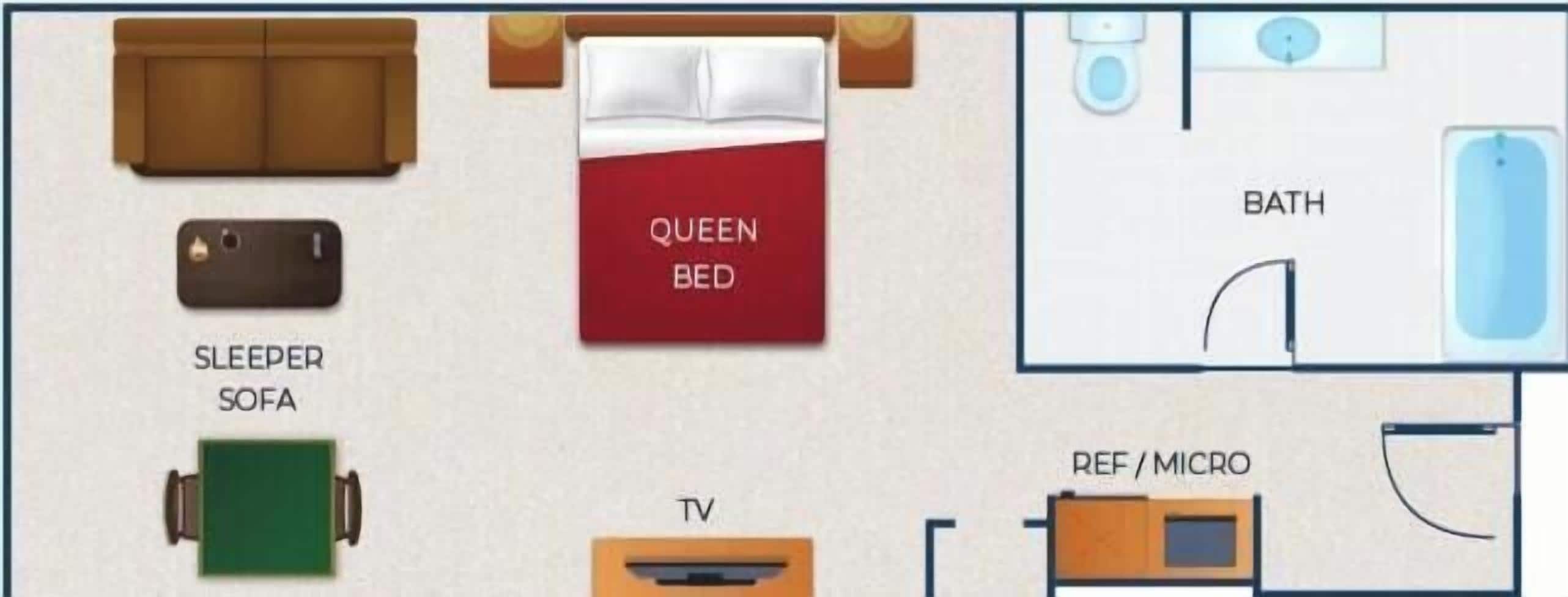 A hotel room layout with a queen bed, sleeper sofa, TV, bathroom, and a small kitchenette.
