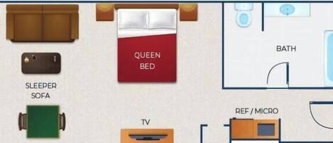 A hotel room layout with a queen bed, sleeper sofa, TV, bathroom, and a small kitchenette.